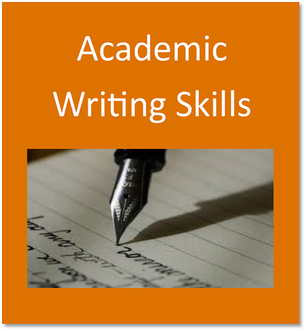Academic writing skills button containing a pen on paper with written text